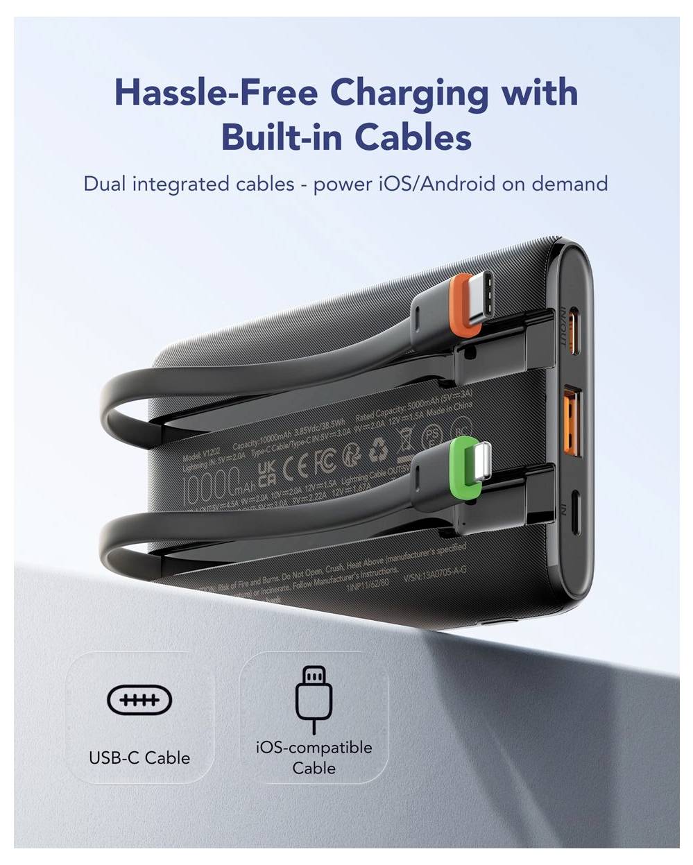 Werbebild einer tragbaren Powerbank mit integrierten USB-C- und iOS-Ladekabeln, mit der Aufschrift „Sorgenfreies Laden mit integrierten Kabeln