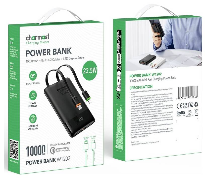 Charmast Powerbank - Produktverpackung für einen tragbaren Ladegerät mit integriertem Kabel, 10000mAh Kapazität und 22,5W Schnellladefunktion, mit Vorder- und Rückseite der Verpackung.