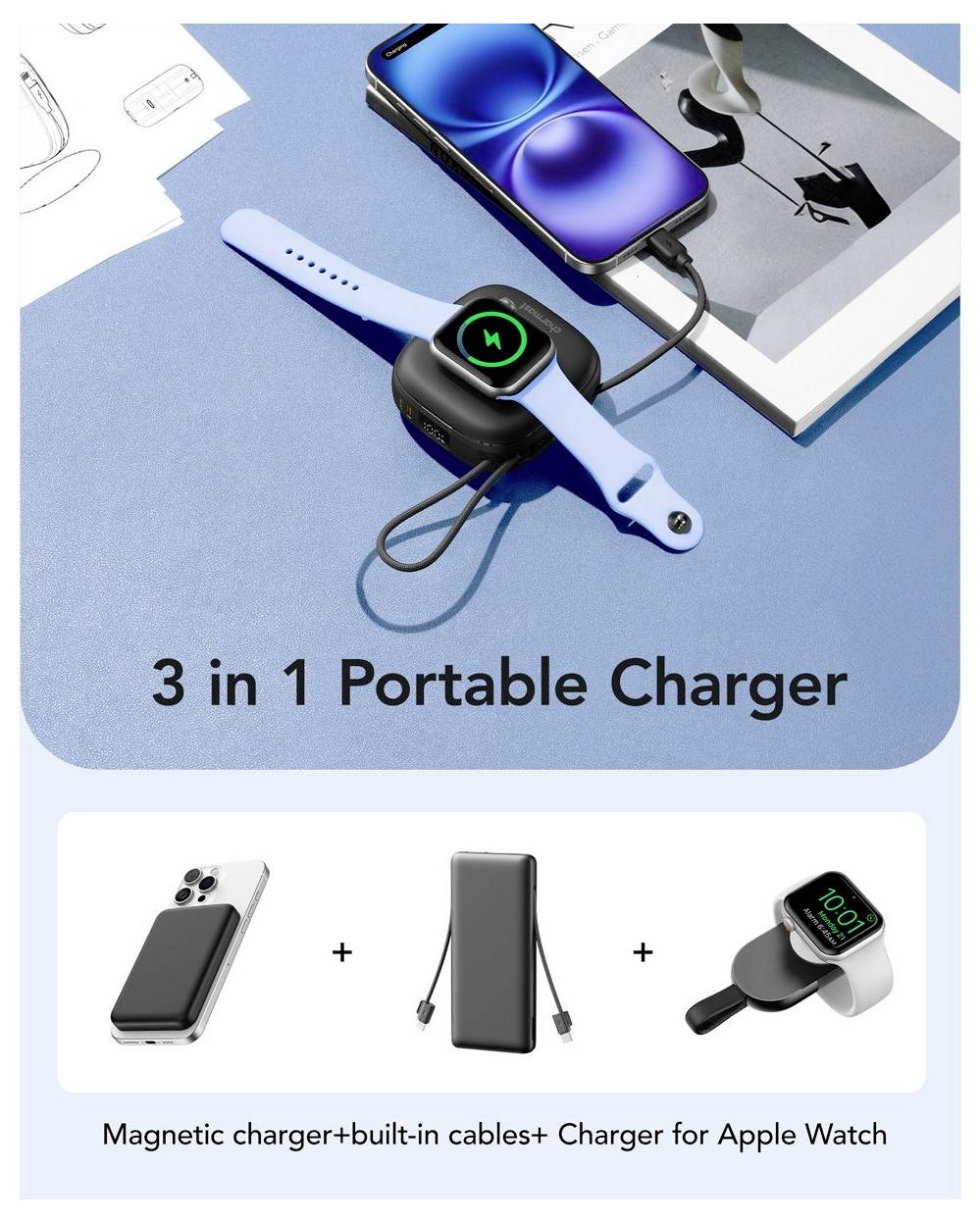Charmast Powerbank W1205 10000mah black, Ultraslim Powerbank mit USB-C und Apple 8-Pin Kabel integriert Powerbank mit 1
