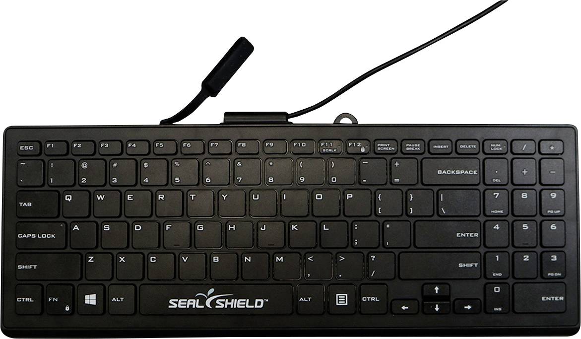 Schwarze SEAL SHIELD kabelgebundene Tastatur von oben auf weißem Hintergrund gezeigt, mit Tasten in Normalgröße, Ziffernblock und einem abnehmbaren Arm oder Kabel darüber.