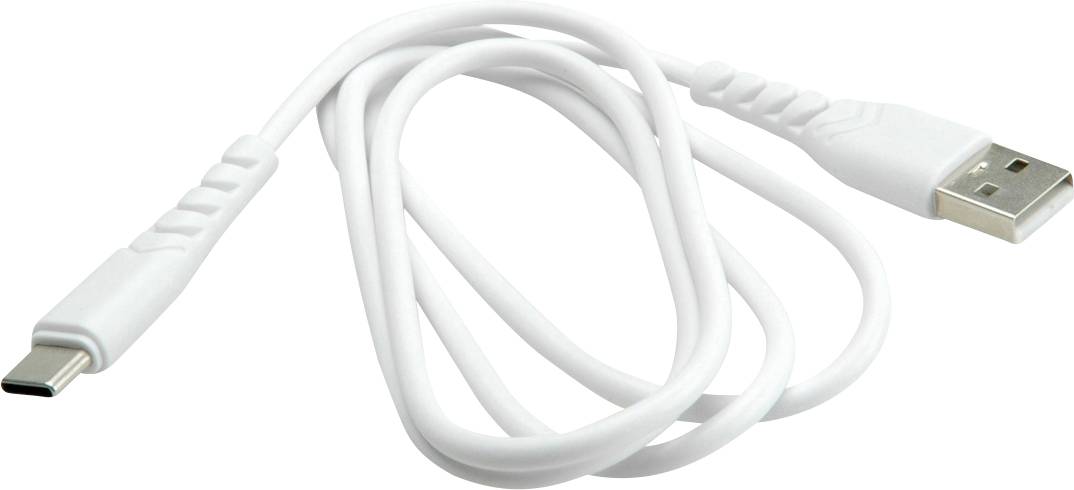 Weißes USB-C-Ladekabel mit USB-A-Anschluss, aufgerollt auf einem einfachen weißen Hintergrund.