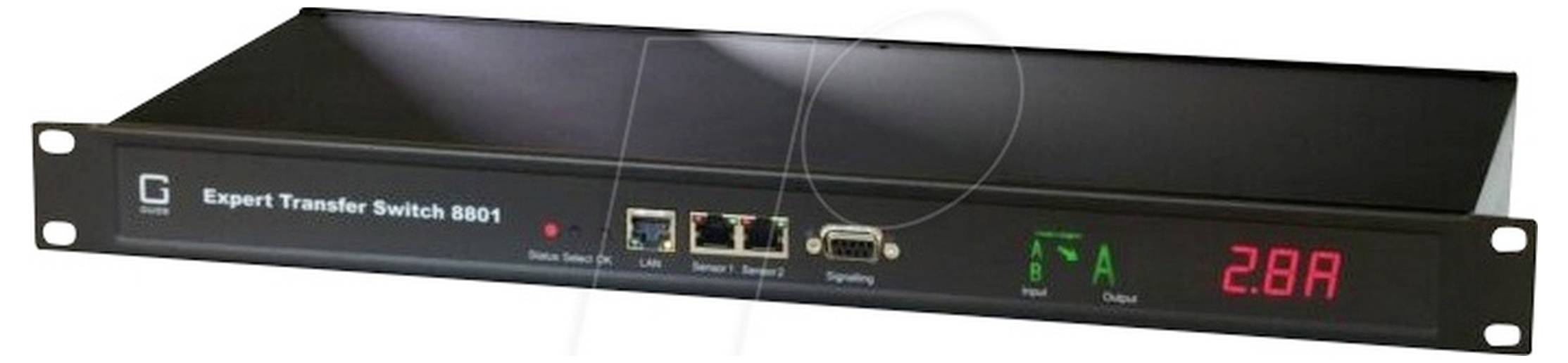 Vorderansicht einer Expert Transfer Switch 8801 Rack-Einheit mit Status-LEDs, Ethernet-Anschlüssen und einem roten digitalen Display, das 2,8A anzeigt.