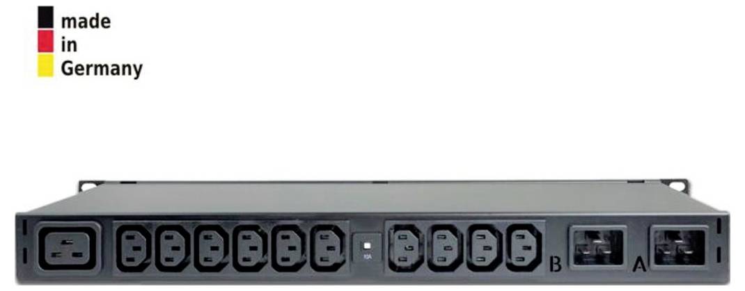 Rückansicht einer in Deutschland gefertigten Stromverteilungseinheit mit mehreren AC-Steckdosen und zwei gekennzeichneten Bereichen, A und B, auf einem grauen Rack-montierten Gerät.
