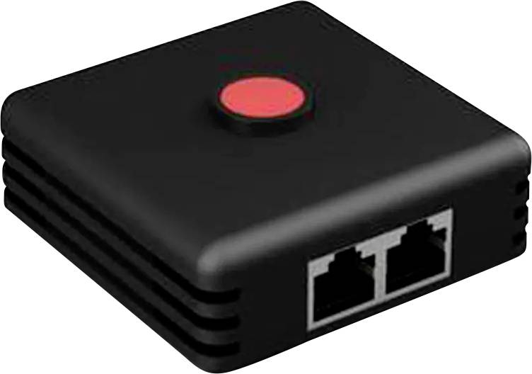 Schwarze elektronische Adapterbox mit rotem Knopf oben und zwei RJ45-ähnlichen Netzwerkports auf der Vorderseite