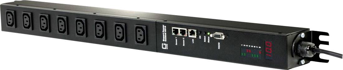 Schwarzes, in Racks eingebautes Stromverteilungsgerät mit acht Steckdosen, Netzwerkports, Status-LEDs und einer digitalen Lastanzeige auf der rechten Seite.
