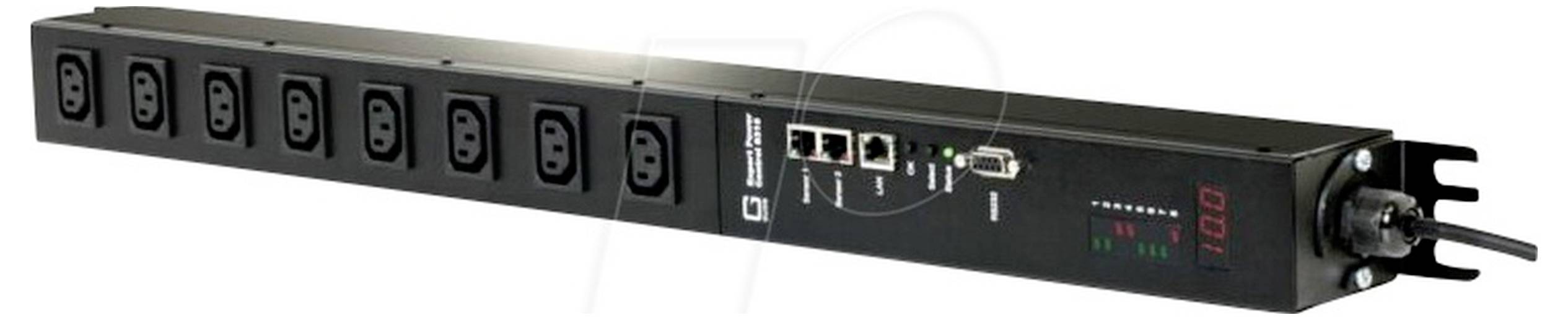 Rack-montierte Stromverteilungseinheit mit acht AC-Steckdosen, Netzwerk-Anschlüssen, Status-LEDs und digitalem Display auf der Frontplatte.
