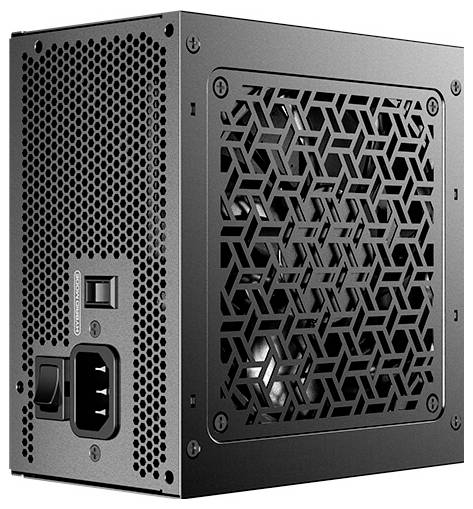 Schwarzes Metall-Computernetzteil mit Wabenüftungslöchern, hinterer Stromsteckdose, Schalter und großem Lüftergitter.