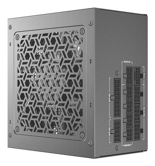 Graues modulares Computer-Netzteil mit geometrischem Lüftungsgitter und beschrifteten Kabelsteckerports an der Seite.