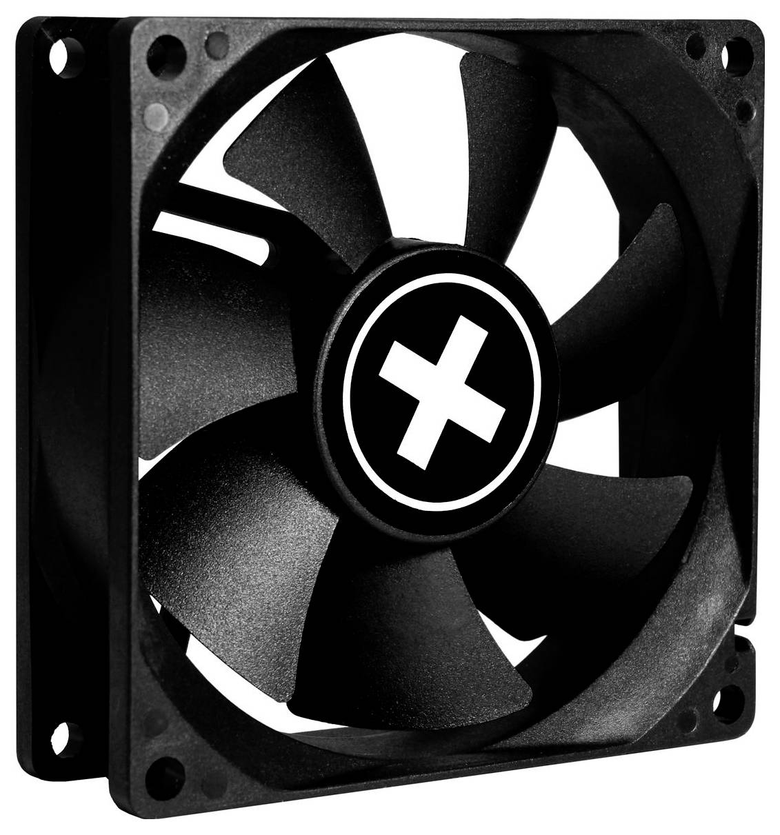 Schwarzer Computer-Kühlventilator mit weißen Blättern und einem X-Logo auf der Nabe