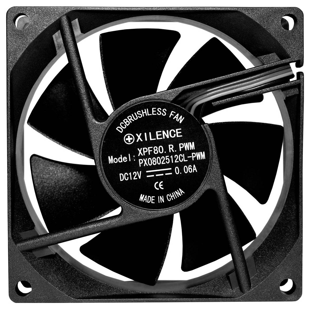 Schwarzer Xilence DC bürstenloser Computer-Kühlventilator mit Schutzgitter und Befestigungslöchern, gekennzeichnet mit 12V, 0,06A.