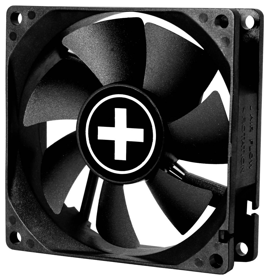Schwarzer Computer-Kühlungslüfter mit einem weißen Pluszeichen auf der Nabe, dargestellt in einem quadratischen Rahmen auf weißem Hintergrund.