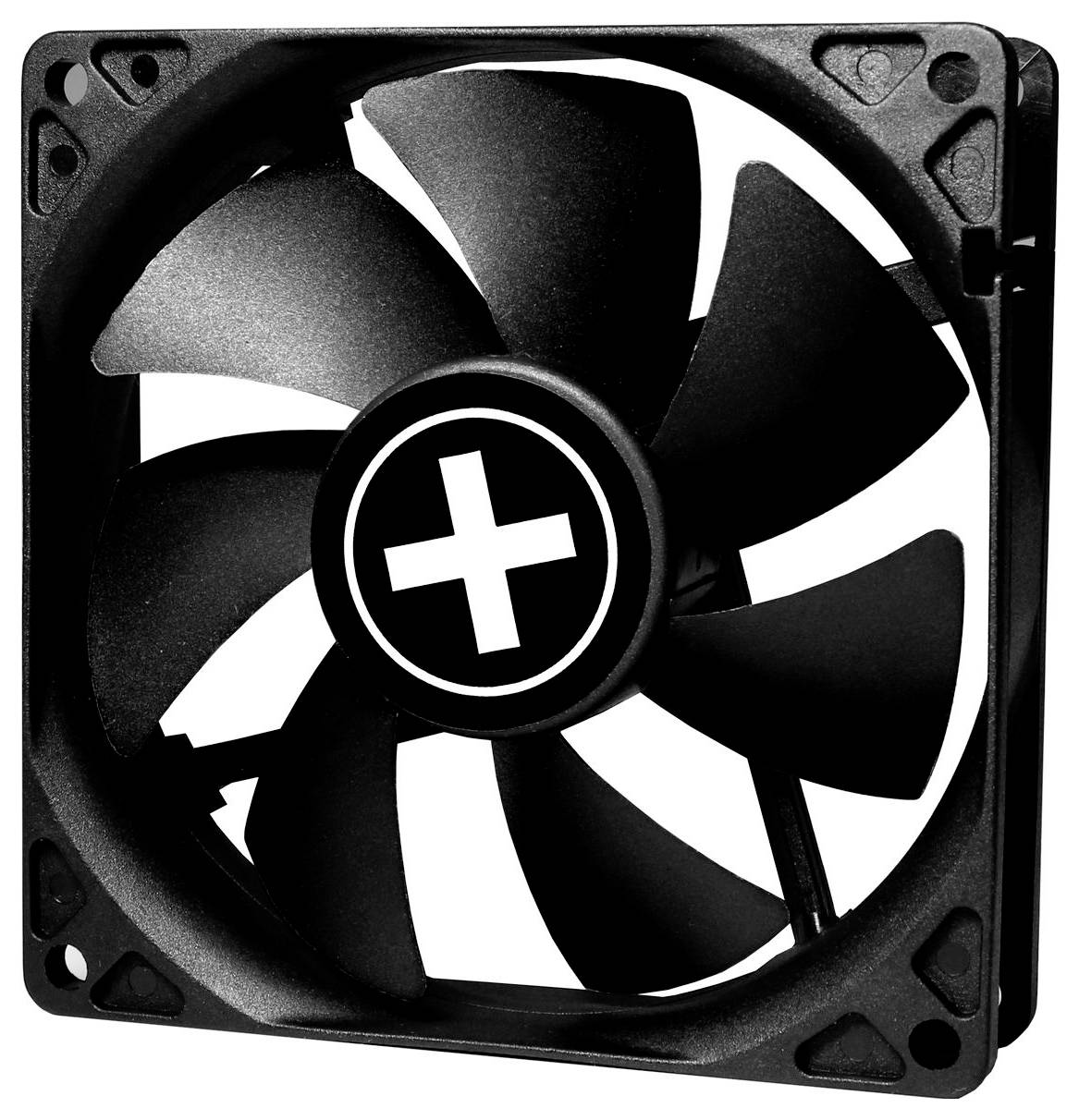 Nahaufnahme eines schwarzen Computer-Kühlventilators mit einem weißen Plussymbol auf der Nabe, Vorderansicht auf weißem Hintergrund.