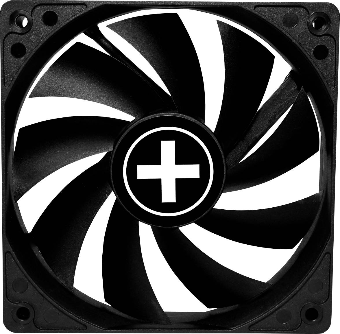 Schwarzer Computer-Kühlventilator mit einem weißen Pluszeichen auf der Nabe, frontal in einem quadratischen Rahmen dargestellt.