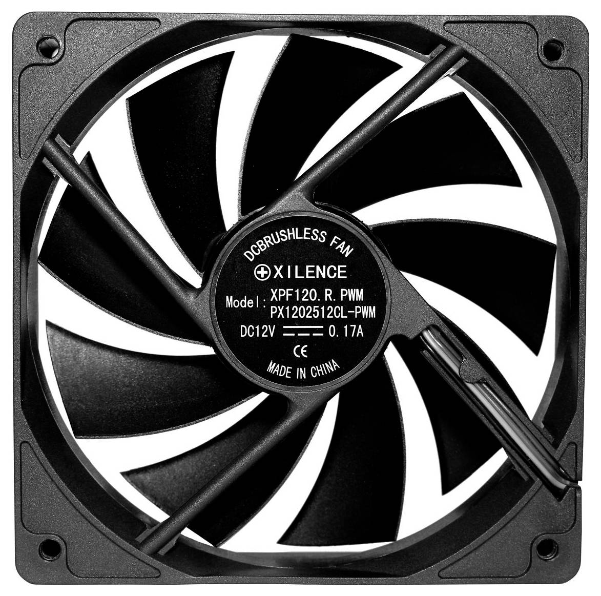 Quadratischer schwarzer Xilence-DC-Gleichstromgebläse mit Kühlventilator für Computer mit sichtbarem Modell- und Leistungsetikett auf der mittigen Nabe.