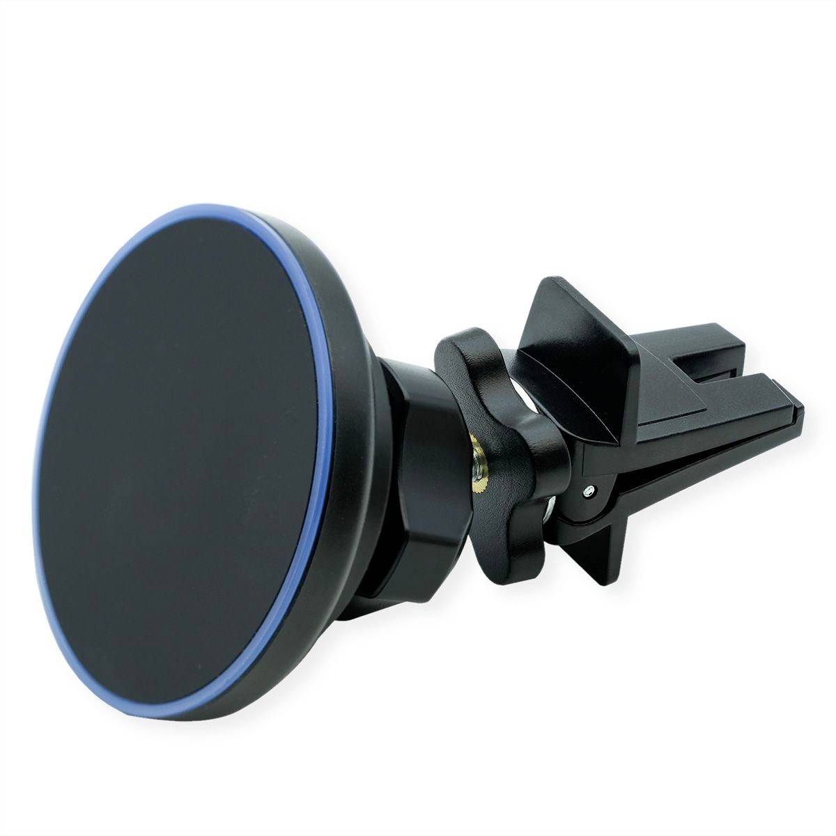 Schwarze magnetische Auto-Handyhalterung mit kreisförmigem Pad und verstellbarer Klammer auf weißem Hintergrund.