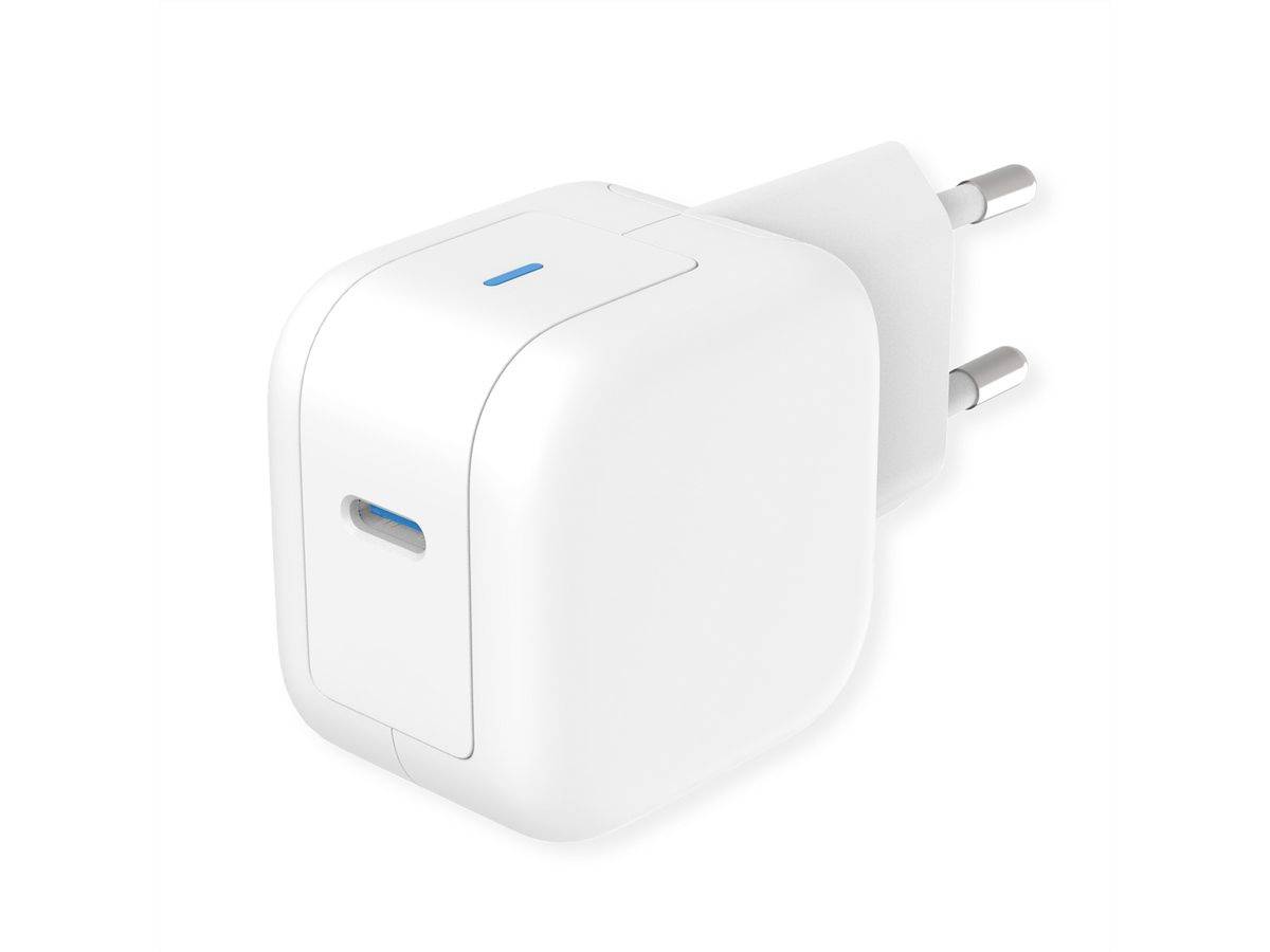 Weiß USB-Wandladegerät mit einem einzelnen vorderen USB-C-Anschluss und zwei runden europäischen Steckern auf einem schlichten weißen Hintergrund