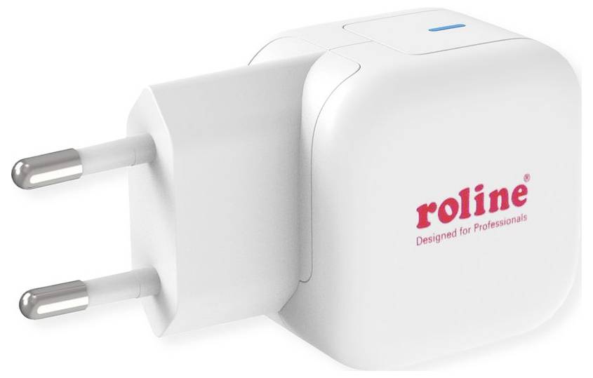 Weißer Roline-Steckdosenadapter mit zwei runden europäischen Stiften auf weißem Hintergrund.