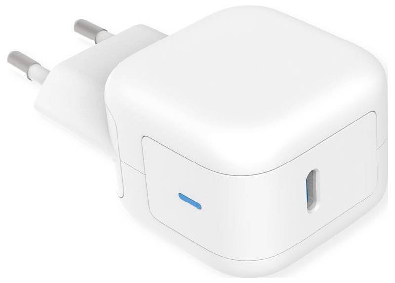 Weißer USB-Wandladegeräteadapter mit zweipoliger Steckdose und einem USB-Anschluss, in 3D auf weißem Hintergrund dargestellt.