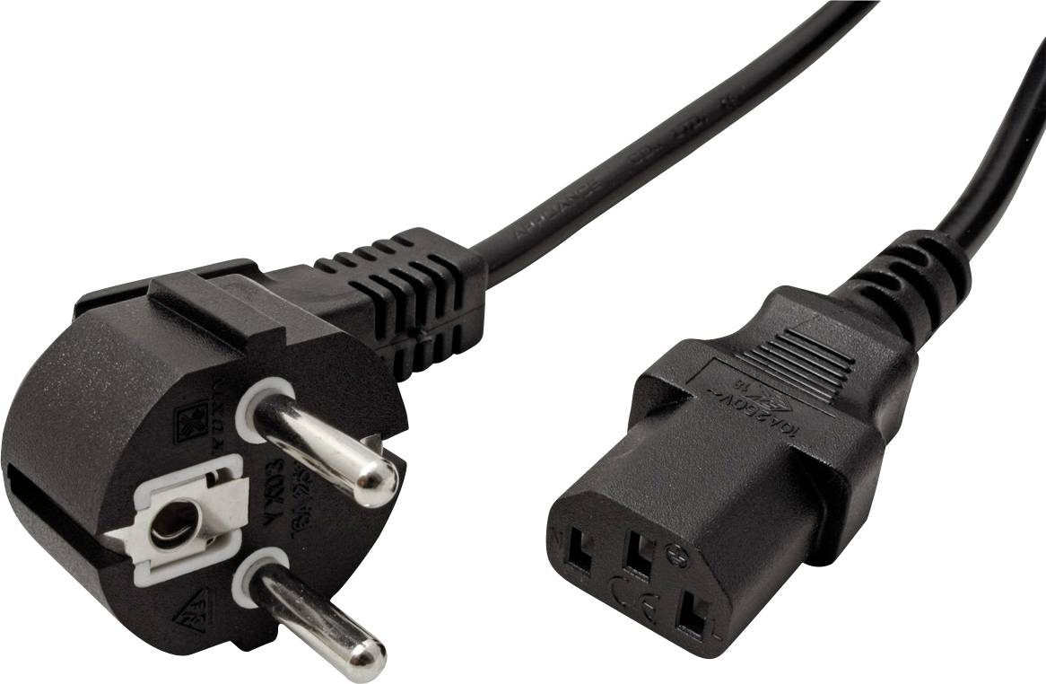 Schwarzes Stromkabel mit europäischem zweipoligem Stecker auf der einen Seite und IEC-Gerätestecker auf der anderen Seite, dargestellt auf weißem Hintergrund.