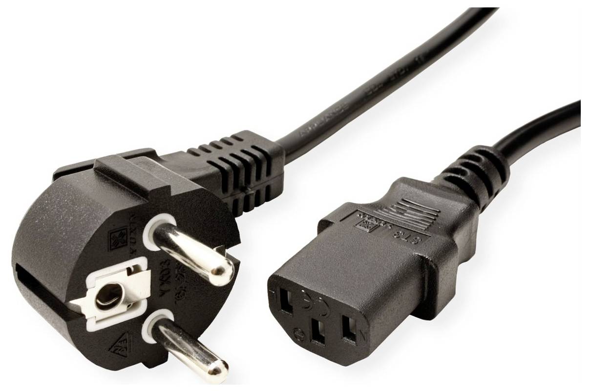 Schwarzes Stromkabel mit europäischem Stecker auf der einen Seite und IEC-Computerstromstecker auf der anderen Seite.