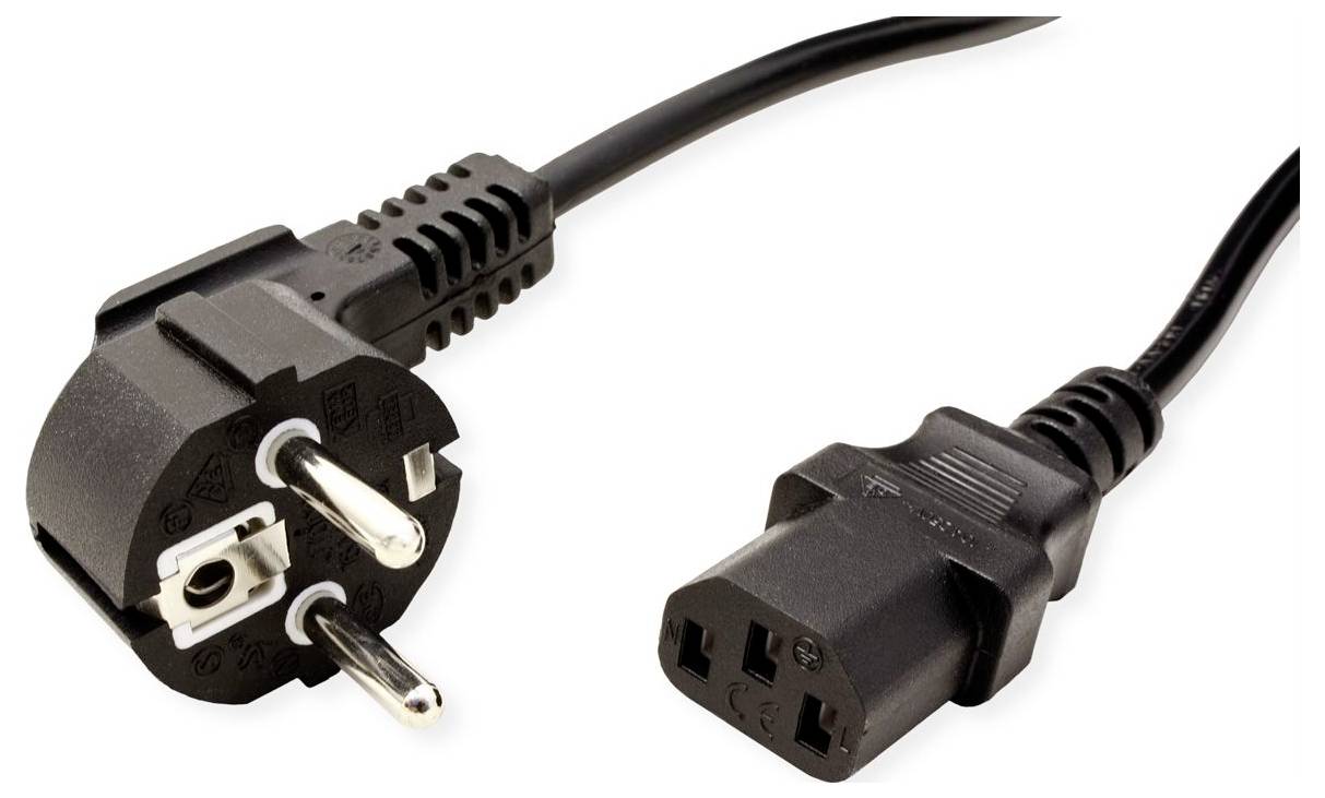 Zwei schwarze Stromkabel mit unterschiedlichen Steckern: ein europäischer Stecker und ein Adapter mit dreibuchsiger IEC-Steckdose.