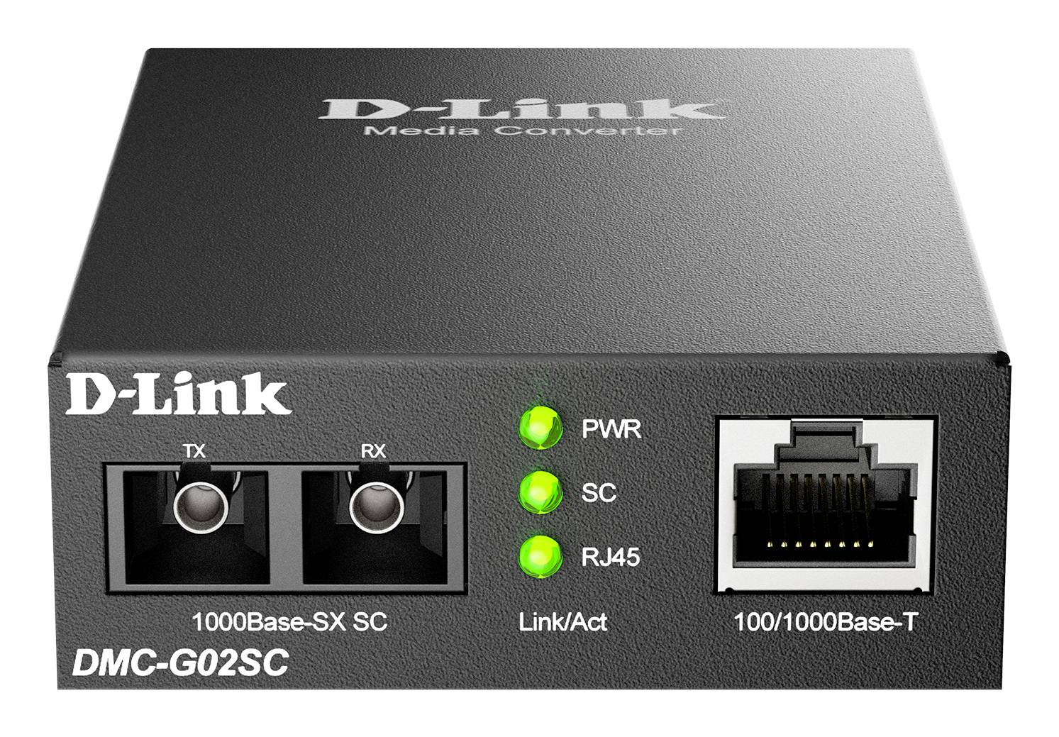 Vorderansicht eines D-Link DMC-G02SC Media-Converters mit SC-Faserports, RJ45-Ethernet-Anschluss und grünen Status-LEDs mit den Bezeichnungen PWR, SC und RJ45.