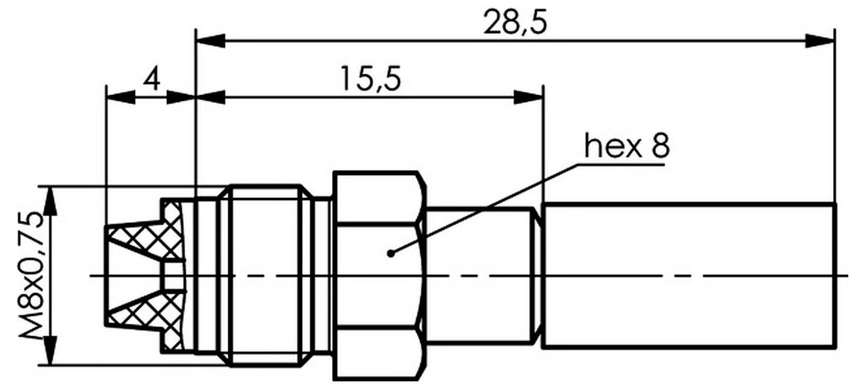 Technische Zeichnung einer Gewinde-Sechskantpassstück, beschriftet M8x0.75, mit Abmessungen 4, 15.5, 28.5 und Sechskant 8.