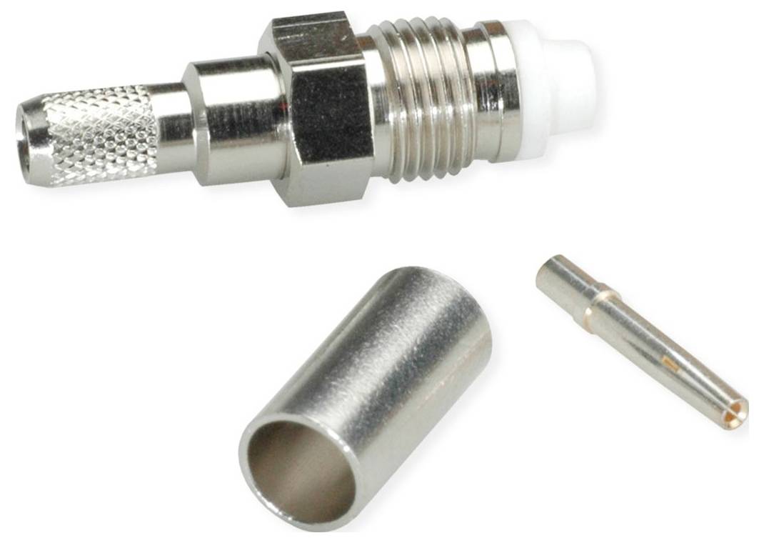 Drei Metallkoaxialkabelstecker und Teile: ein Gewinde-Stecker, eine zylindrische Hülse und eine kleine Stift.