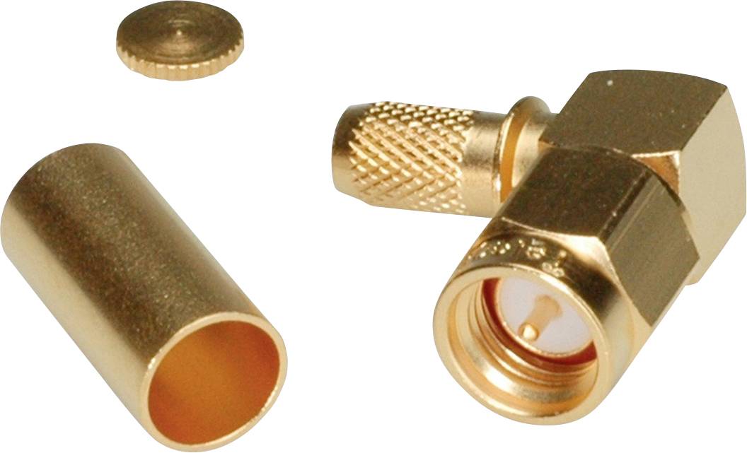 Goldfarben beschichtete Koaxialkabelverbinder-Teile, einschließlich eines Winkelversteckers, einer Muffe und einer Kappe, auf weißem Hintergrund