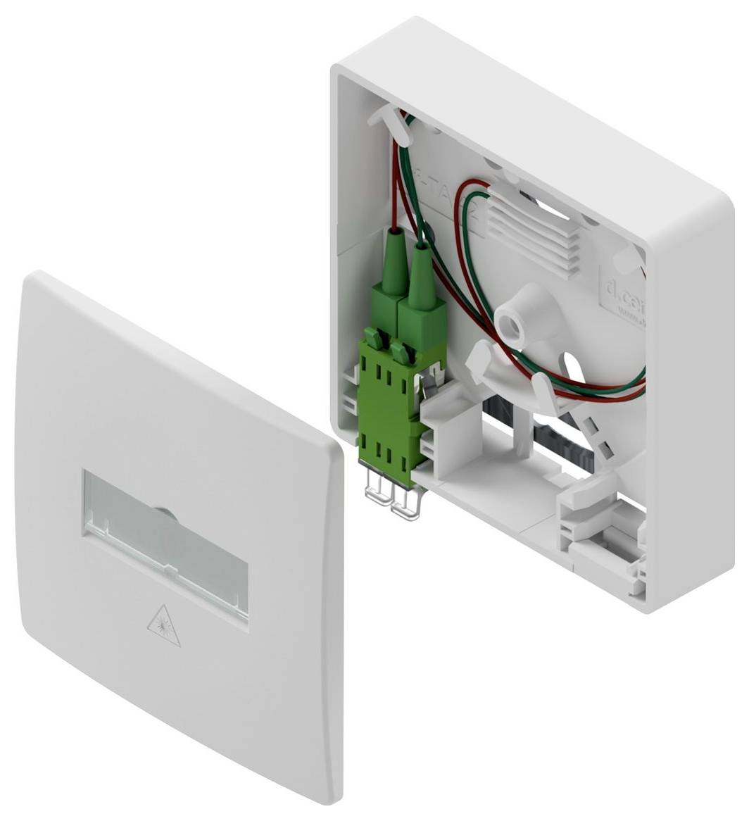 Offene Elektrosteckdosenabdeckung, die neben ihrer Basis gezeigt wird und grüne und rote Drähte sowie interne Montagebauteile offenbart.