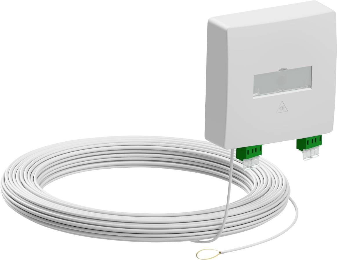 Weiße Glasfaser-Wandauslassbox mit aufgewickeltem Kabel und Steckverbinderleitungsanschluss auf einfachem Hintergrund.