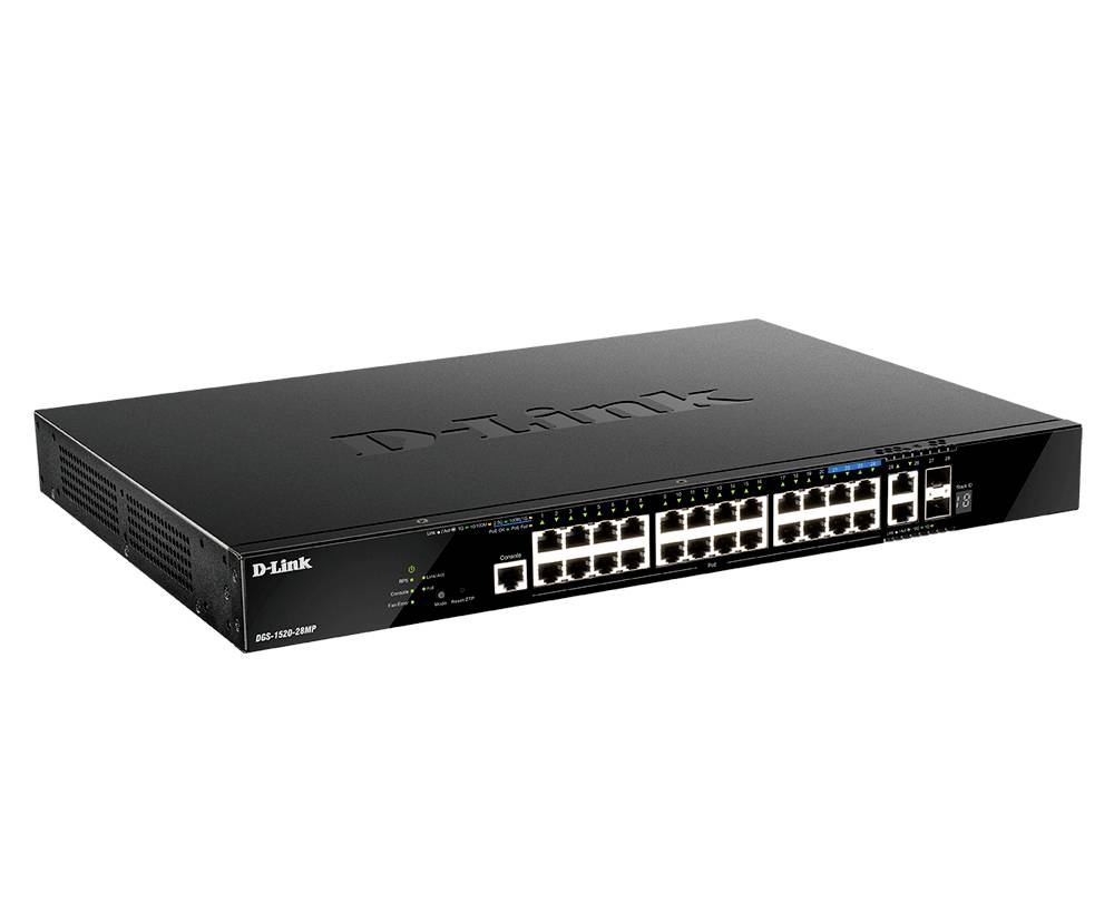 D-Link Netzwerk-Switch mit mehreren Ethernet-Anschlüssen und Statusleuchten, dargestellt auf weißem Hintergrund.