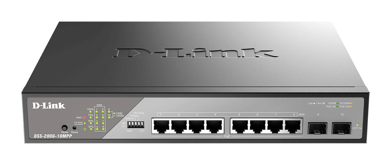 Vorderansicht eines D-Link Netzwerk-Switches, Modell DGS-2000-10MP, mit 10 Ethernet-Anschlüssen, Status-LEDs und Stromversorgungs-/Netzwerk-Indikatoren.
