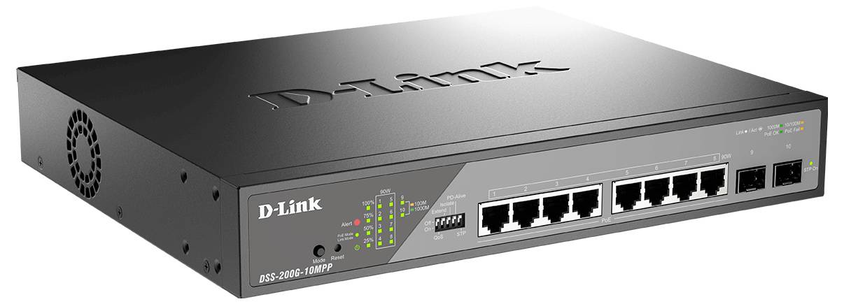 D-Link 16-Port Rack-Mount Ethernet-Switch, in perspektivischer Ansicht mit vorderen Status-LEDs, nummerierten Anschlüssen und Stromversorgungsanzeige.