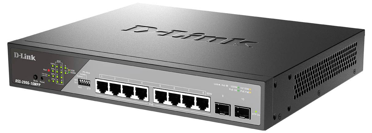 D-Link DGS-1100-08MP 8-Port-Ethernet-Switch mit Front-Status-LEDs, acht Netzwerk-Ports und zwei Uplink-Ports in einem schwarzen Metallgehäuse