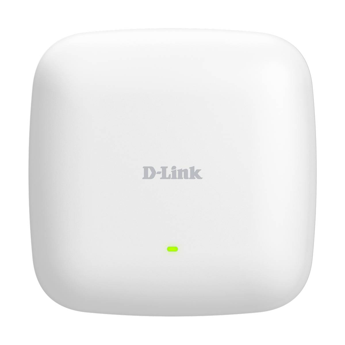 Weißes D-Link Wireless-Zugangspunkt mit einer einzelnen grünen Statusleuchte, die in der Nähe des unteren Bereichs zentriert ist.