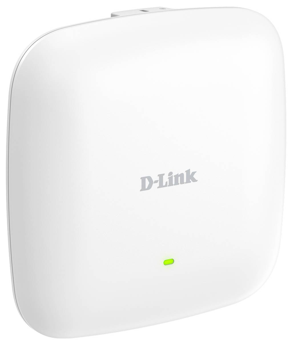 Weißer D-Link Wireless Access Point mit einem kleinen grünen Statuslicht auf einem einfachen weißen Hintergrund.