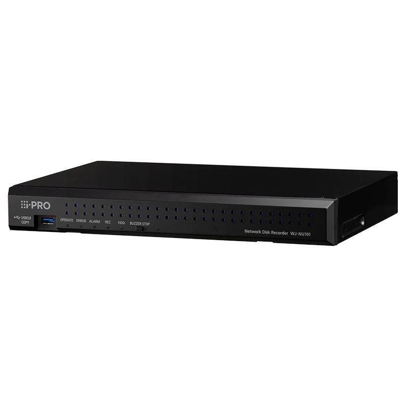 Black i-PRO Network Disk Recorder Rackgerät in Perspektive auf weißem Hintergrund dargestellt, mit vorderen Statusleuchten und Anschlüssen.