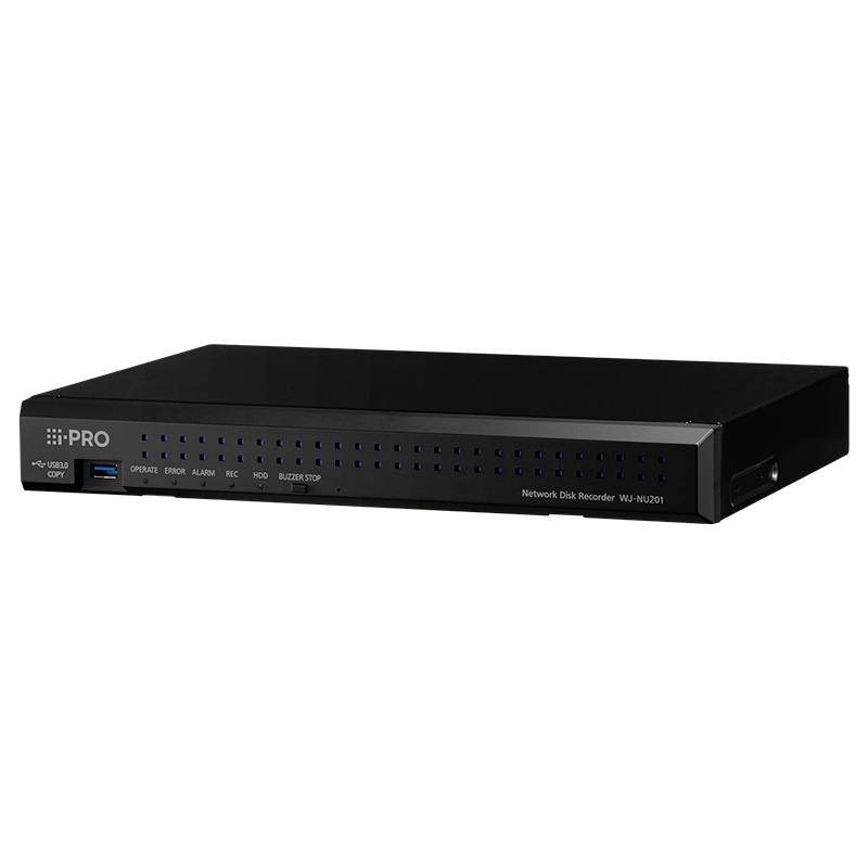 Schwarzes i-PRO Netzwerk-Festplattenrekorder-Gerät mit vorderen Statusleuchten, USB-Anschluss und „Network Disk Recorder