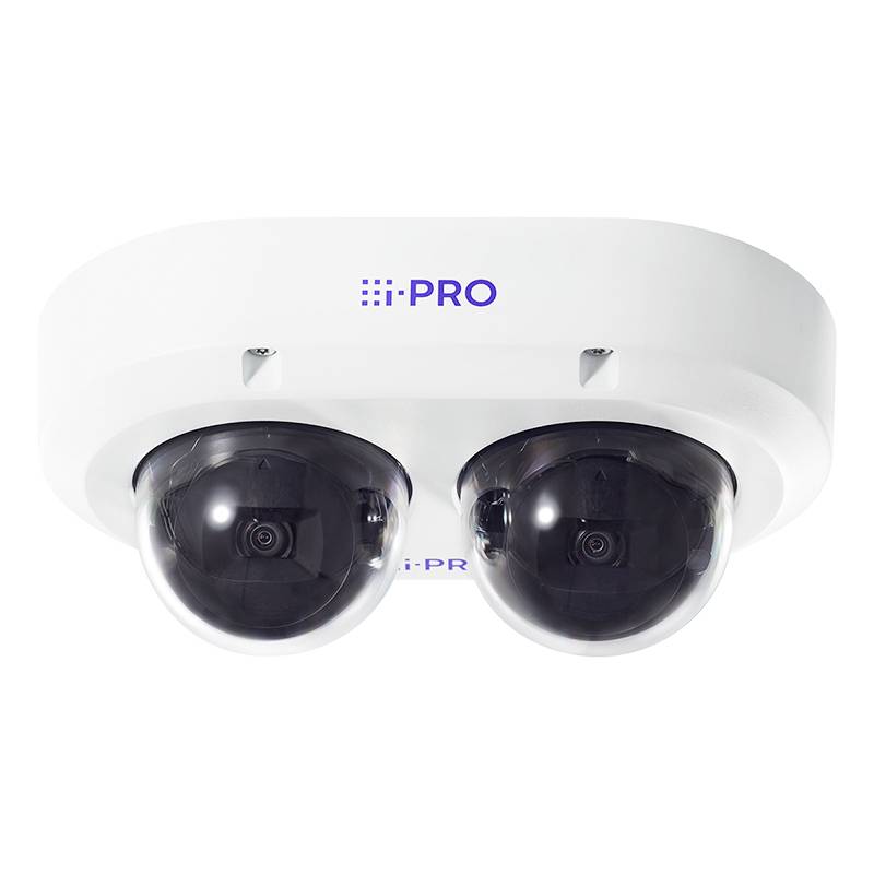 Weiße i-PRO Dual-Dome-Sicherheitskamera mit zwei schwarzen Linsen auf einer Deckenmontage, dargestellt vor einem einfachen weißen Hintergrund.