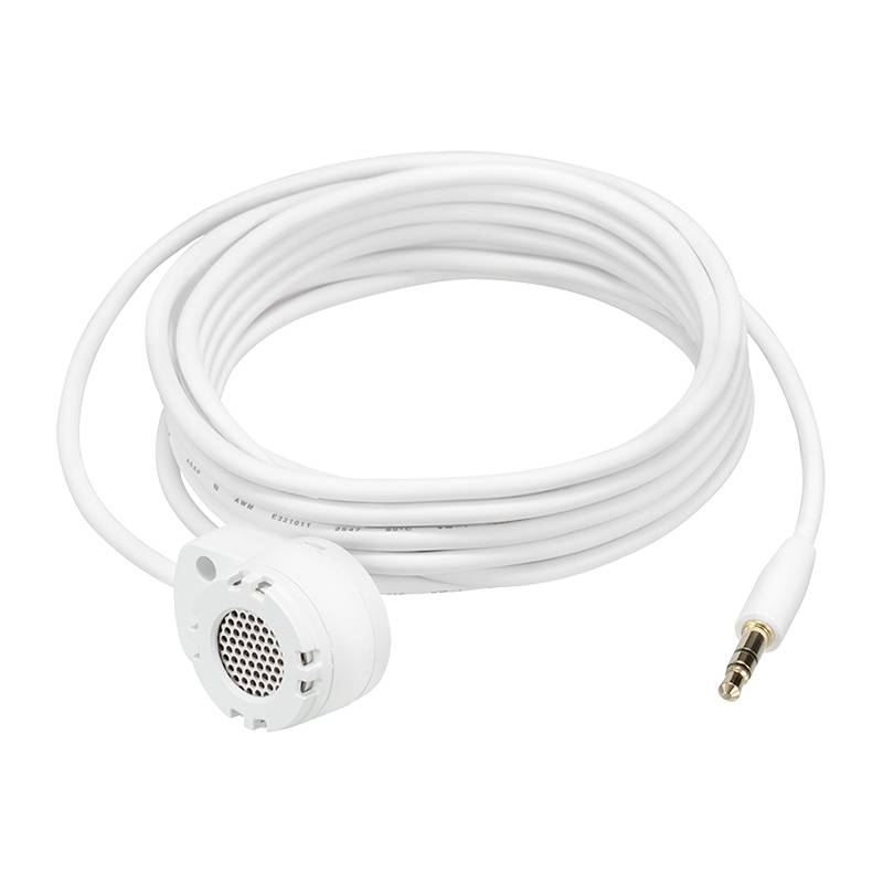 Weiß gewickeltes Audiokabel mit rundem Lautsprecherstil-Anschluss an einem Ende und einem 3,5-mm-Audio-Stecker am anderen Ende.