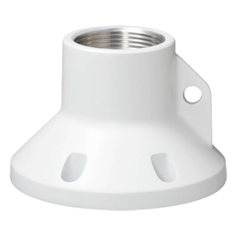 Weiße Metall-Gewindebasis mit kreisförmigem Flansch und seitlichem Schraubenloch, dargestellt vor neutralem Hintergrund.