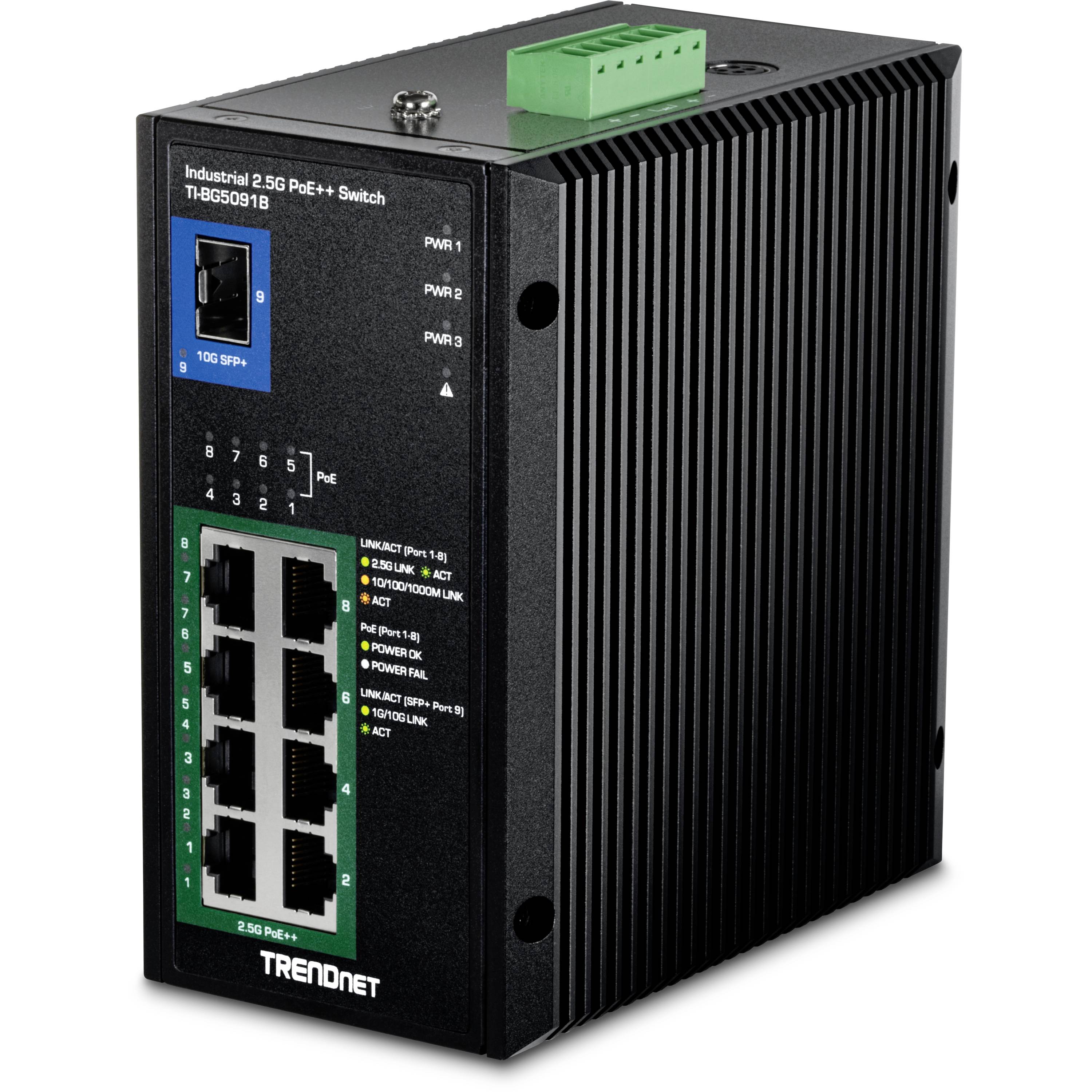Vorderansicht eines TRENDnet Industrial 2.5G PoE+ Schalters mit mehreren Ethernet-Anschlüssen und Status-LEDs, dargestellt in einem schwarzen Metallgehäuse.