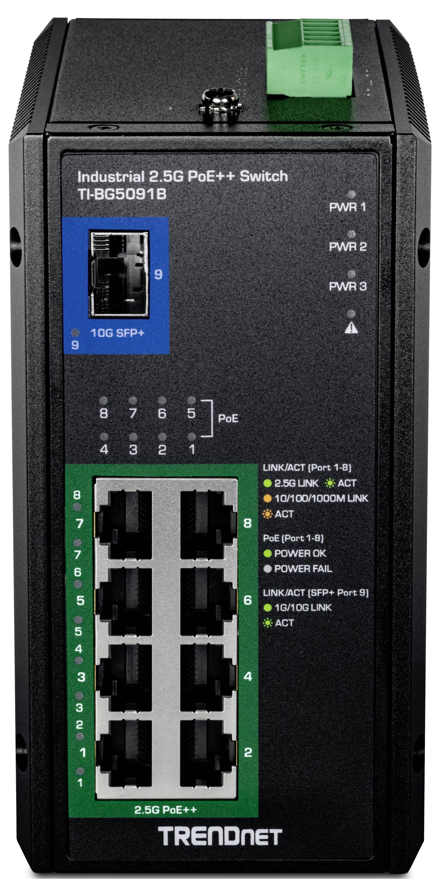 Vorderansicht eines TRENDnet Industrial 2.5G PoE+ Switches mit mehreren Ethernet-Anschlüssen, Status-LEDs und der Beschriftung 