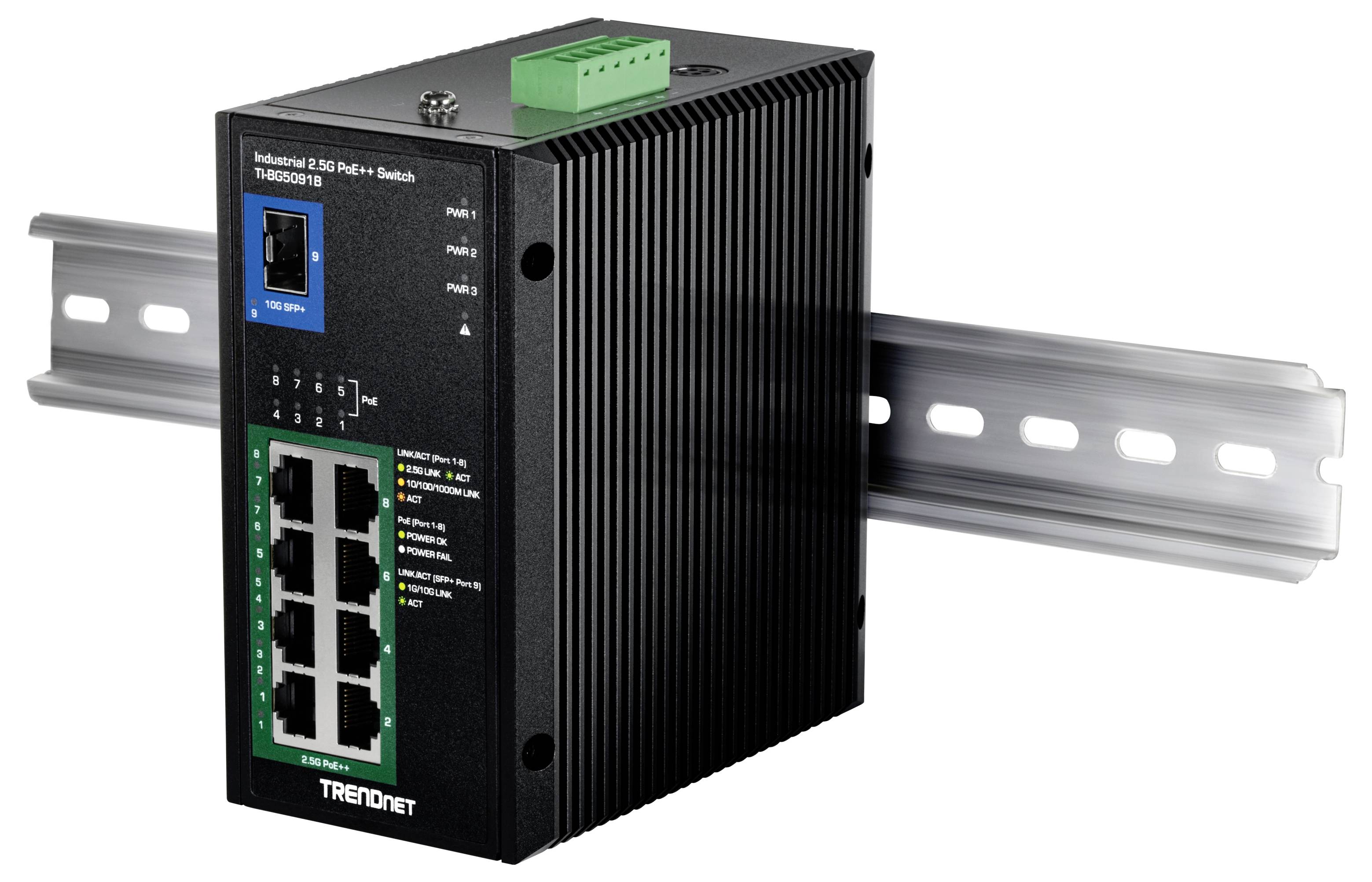 Industrieller 2.5G-DIN-Schienen-Netzwerk-Switch mit vorderen Ethernet-Anschlüssen und grünem Stromversorgungsterminal auf einer Metallschiene montiert