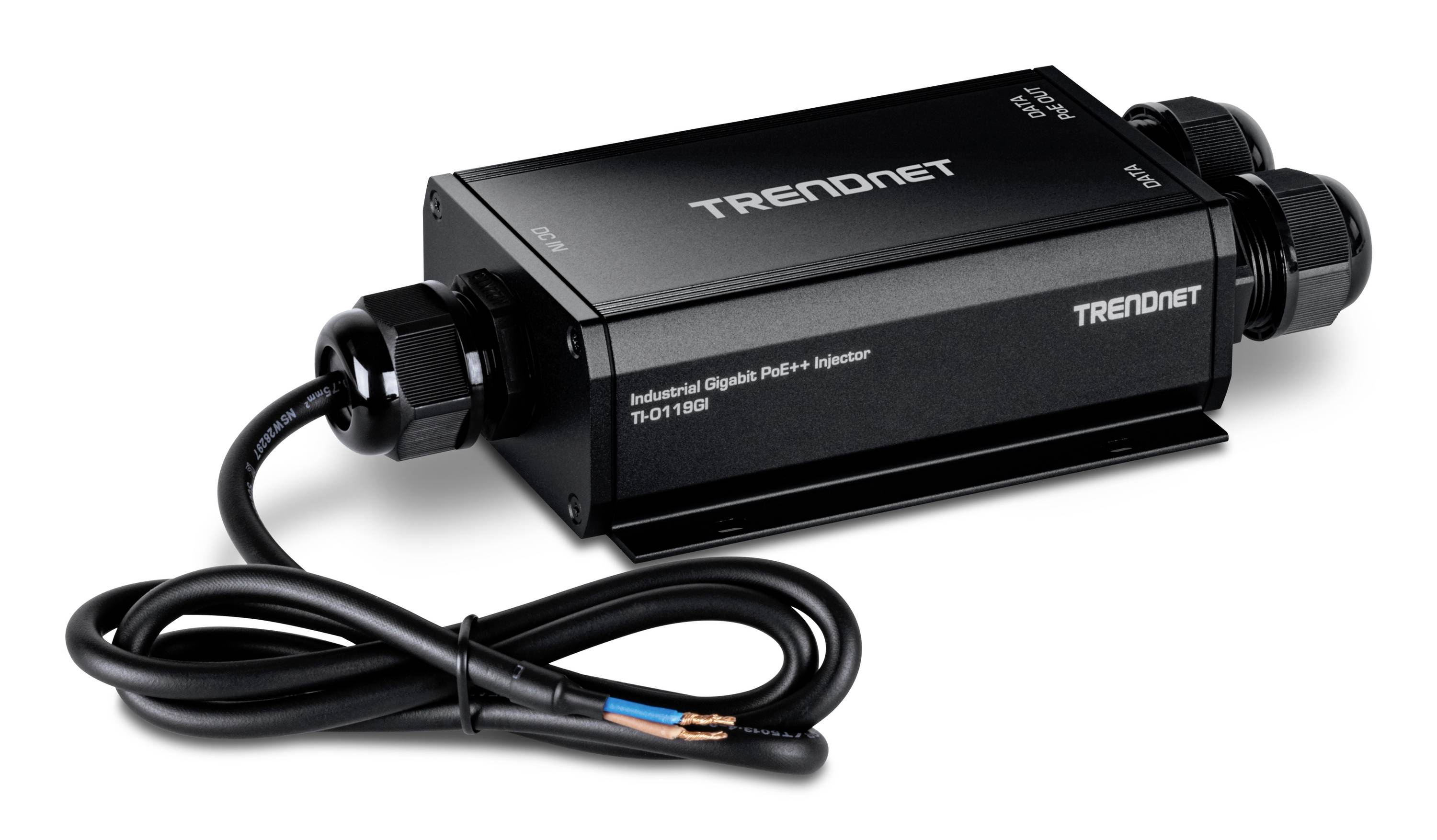 Schwarzes TRENDnet industrielles Gigabit PoE+ Splitter-/Injektorgerät mit angeschlossenem Stromkabel und freiliegenden Drahtenden auf weißem Hintergrund