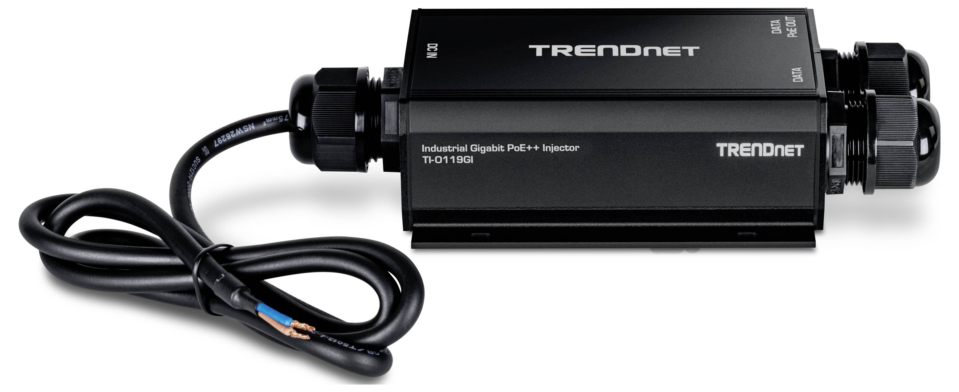 TRENDnet Industrie-Gigabit-PoE++-Injektor mit angebrachtem Kabel und Steckverbindern, auf weißem Hintergrund dargestellt.
