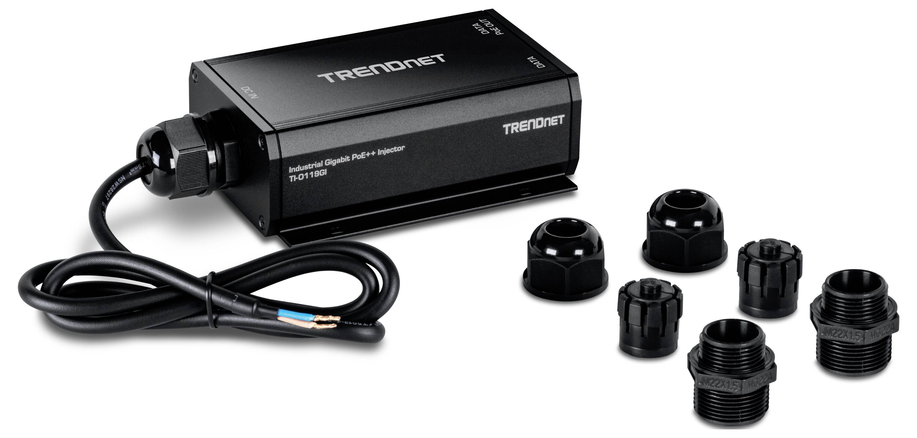 TRENDnet industrieller digitaler PoE+-Splitter mit angeschlossenem Kabel und fünf Kabelverschraubungszubehörteilen auf weißem Hintergrund.