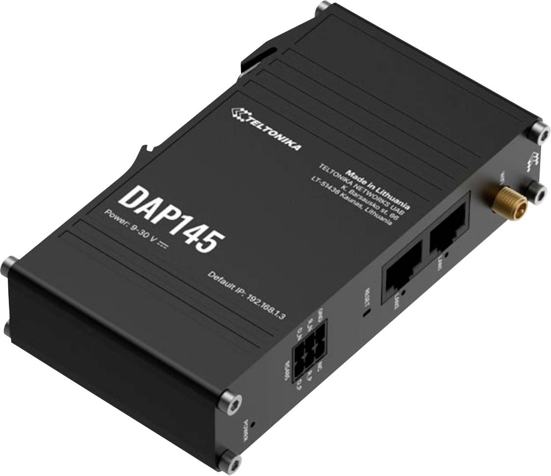 Schwarzer Teltonika DAP145 WLAN-Zugangspunkt/Router mit Ethernet-Anschlüssen und Antennenstecker auf weißem Hintergrund.