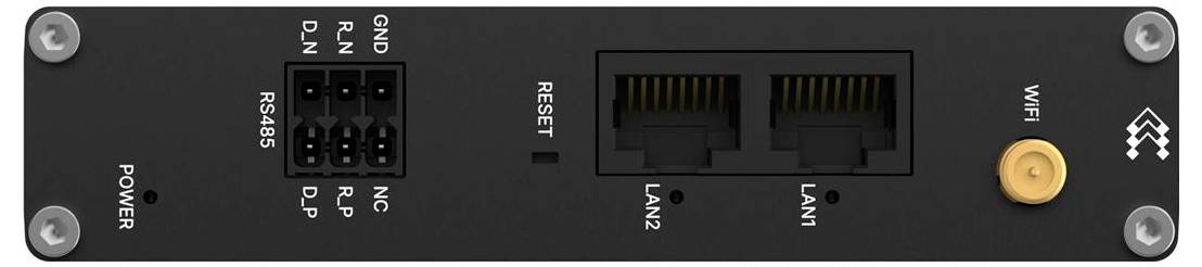 Rückseite eines Netzwerkgeräts mit Stromversorgung, RS485, Reset, dualen LAN-Anschlüssen und einer Wi-Fi-Taste.